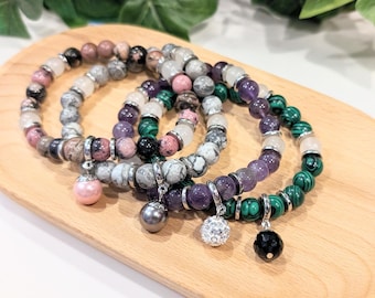 Custom Silver Gemstone Charm Bracelet with Rhodonite, Amethyst & Crystal Charms