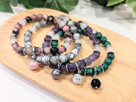 Handmade Gemstone Charm Bracelet • Amethyst • Rhodonite • Malachite • Agate • Gemstone Jewelry