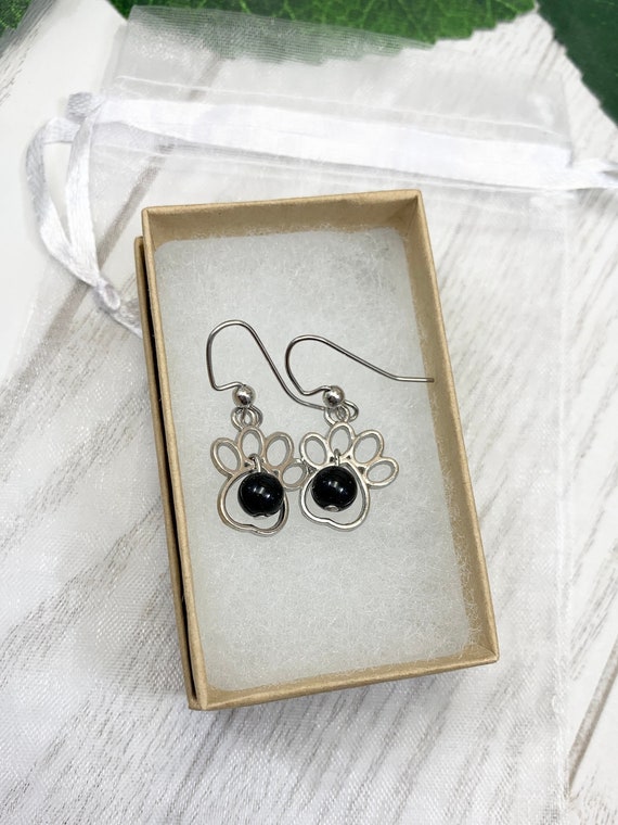 Black Obsidian Paw Print Earrings • Black Dog Earrings • Dog Jewelry