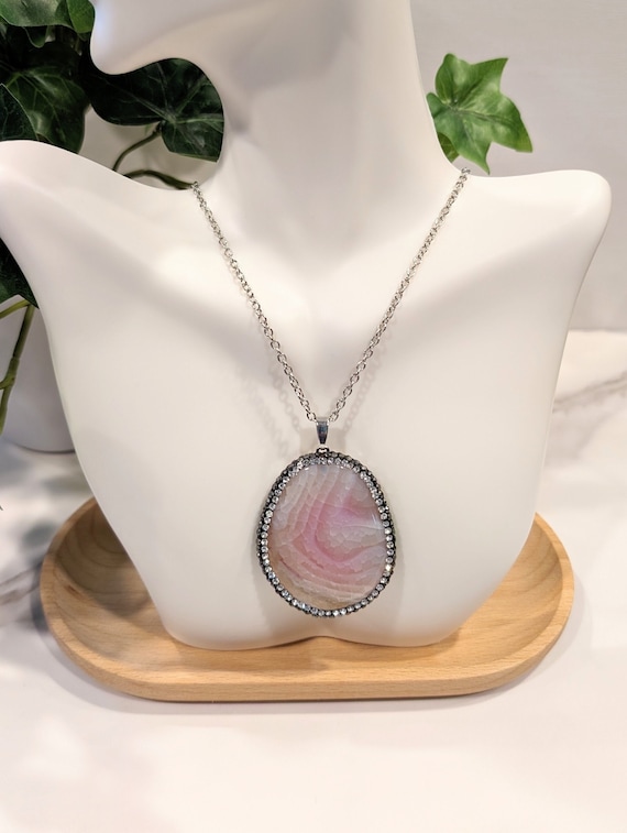 Pink Agate Slice Rhinestone Pendant Necklace - Heart Healing Love 18in