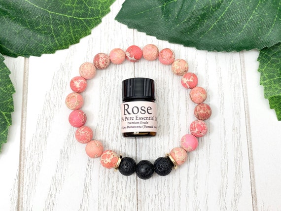 Pink Imperial Jasper Diffuser Bracelet • Bracelet for Grounding, Self-Esteem and Love • Aromatherapy Jewelry • 8mm Oil Diffuser