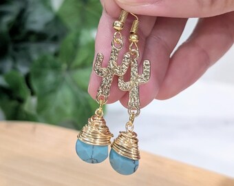Wire Wrapped Gemstone Cactus Earrings, Handmade 18k Gold Western Jewelry
