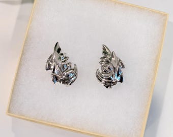 Vintage Coro Silver Clip On Earrings, Signed Floral Leaf Design, Mid Century Costume Jewelry