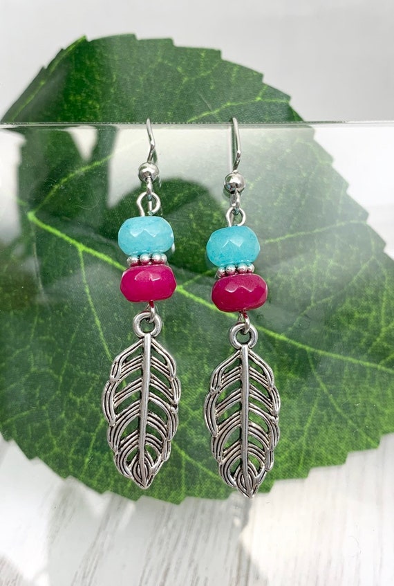 Blue & Pink Jade Earrings — Boho Feather Drop Jewelry
