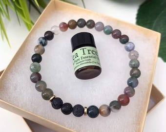 Agate Essential Oil Diffuser Bracelet, Handmade Green Beaded Gemstone Aromatherapy Jewelry