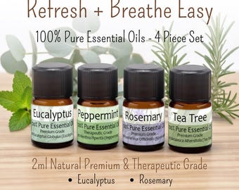 Refresh Essential Oil Set of 4, Aromatherapy Diffuser Refills (2ml), Natural Perfume & Fragrance, Peppermint Eucalyptus Rosemary Tea Tree