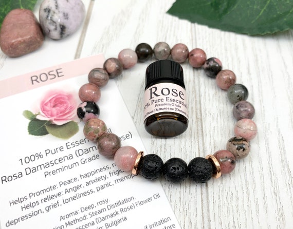 Rhodonite Lava Diffuser Bracelet - 8mm Heart Healing Love