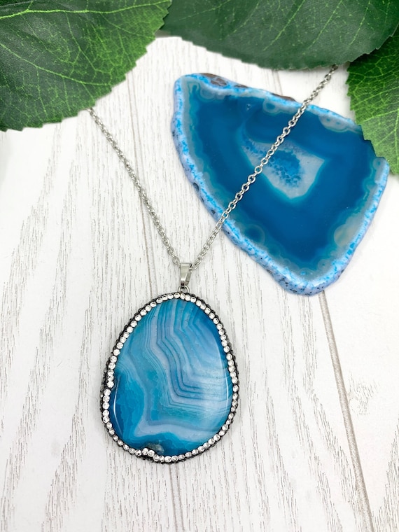 Sparkly Blue Banded Agate Pendant Necklace – Teardrop Agate Jewelry with Rhinestone Accents