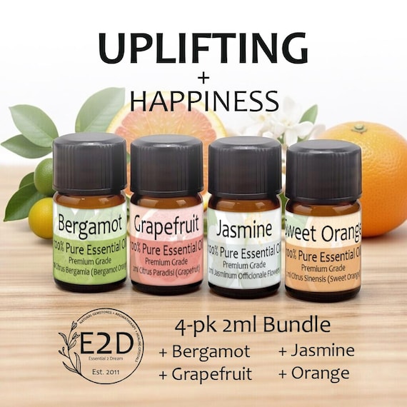 Uplifting + Happiness Essential Oil Bundle – Set of 4 2ml Bottles for Aromatherapy or Diffuser