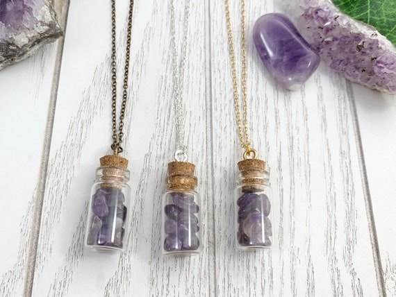 Dainty Amethyst Bottle Necklace - Raw Crystal Vial Pendant Gold Chain 18in