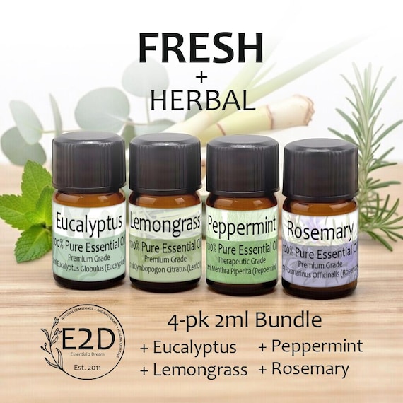 Fresh + Herbal Essential Oil Bundle – Set of 4 2ml Bottles for Aromatherapy or Diffuser