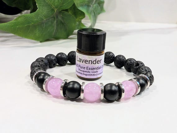 Black Onyx and Lavender Quartz Lava Diffuser Bracelet — Purple Gemstone Aromatherapy Jewelry (8mm)
