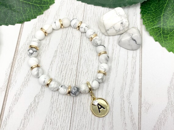 Personalized White Howlite Initial Bracelet — Custom Monogram Jewelry