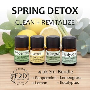 Spring Detox Essential Oil Sample Set of 4 – 2ml Bottles for Aromatherapy or Diffuser – Eucalyptus, Lemon, Lemongrass, Peppermint