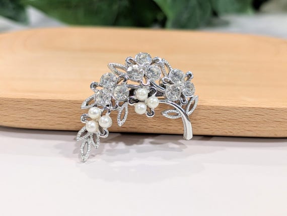 Vintage Silver Floral Branch Brooch with Faux Pearls & Rhinestones - Mid Century Costume Jewelry