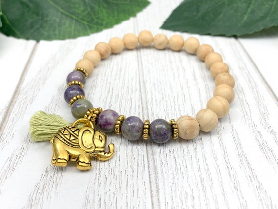 Atlantisite Elephant Charm Bracelet - Purple & Gold Boho Tassel Jewelry