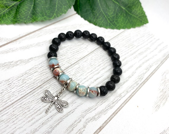 Aqua Terra Jasper Uplifting Dragonfly Miscarriage Bracelet, Pregnancy Loss & Grief Gift, Lava Stone Miscarriage Jewelry