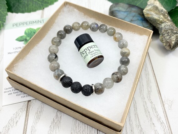 Labradorite Lava Diffuser Bracelet for Protection & Strength — Gray Gemstone Aromatherapy Jewelry (8mm)