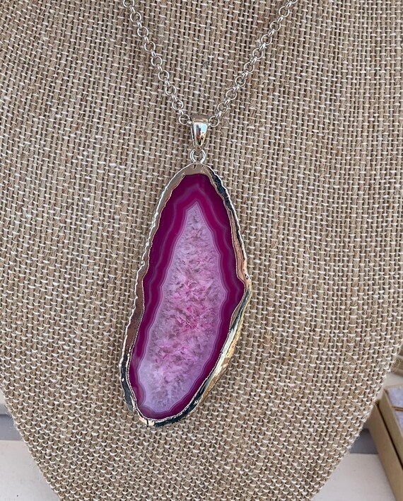 Pink Agate Pendant Necklace — Statement Slice Gem Jewelry