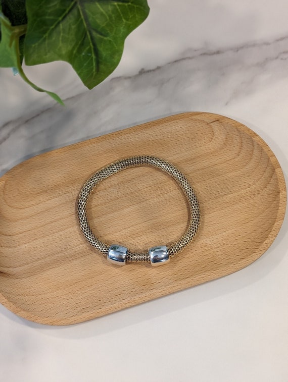Vintage Mesh Chain Bracelet in Light Gold with Two Silver Beads • Vintage Bracelet • Vintage Jewelry