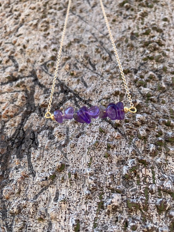 Dainty Gold Amethyst Chip Necklace • Amethyst Crystal Necklace • Minimalist Purple Amethyst Jewelry