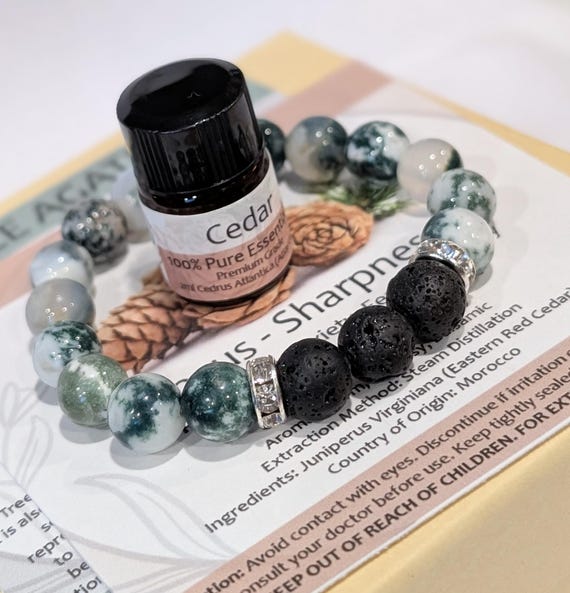 Tree Agate Lava Diffuser Bracelet for Grounding & Growth — Green Gemstone Aromatherapy Jewelry (8mm)