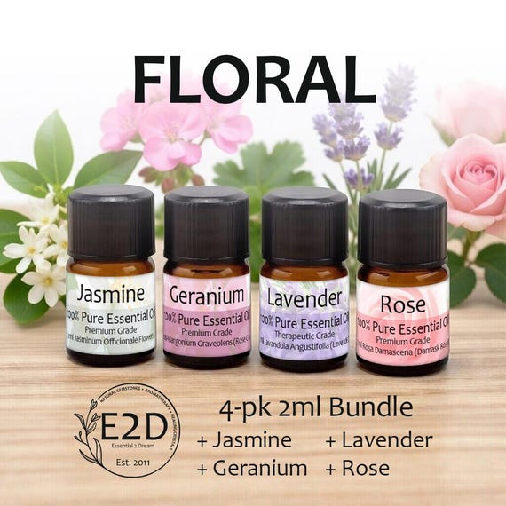 Floral Essential Oil Bundle – Set of 4 2ml Bottles for Aromatherapy or Diffuser