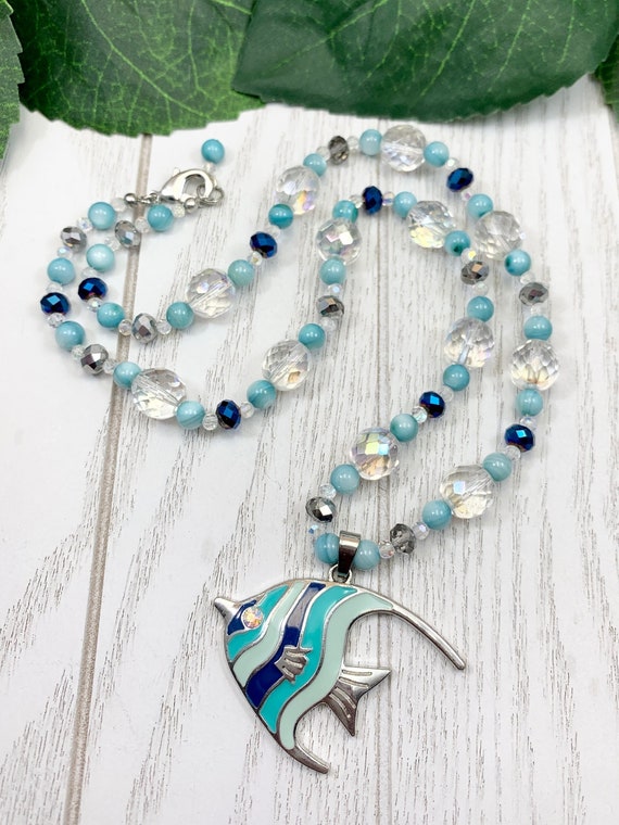 Angelfish Pendant Necklace • Beaded Shell Necklace • Blue Beach Jewelry • Tropical Fish Necklace