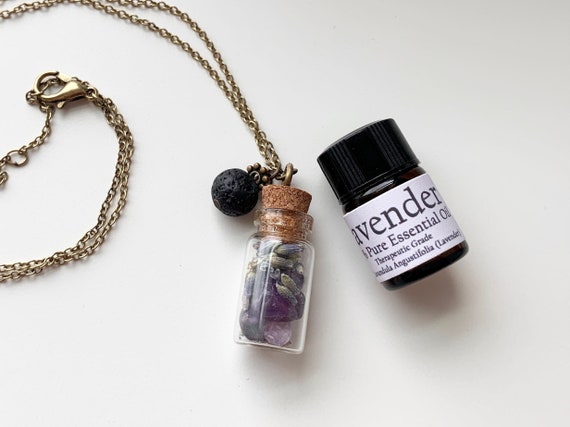 Amethyst and Lavender Herb Bottle Necklace • Essential Oil Diffuser Aromatherapy Pendant Jewelry • Crystal Healing Necklace