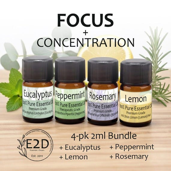 Focus + Concentration Essential Oil Bundle – Set of 4 2ml Bottles for Aromatherapy or Diffuser