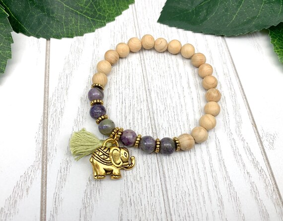 Purple Atlantisite & Sandalwood Elephant Charm Bracelet, Handmade Bohemian Beaded Bracelet, Atlantisite Jewelry