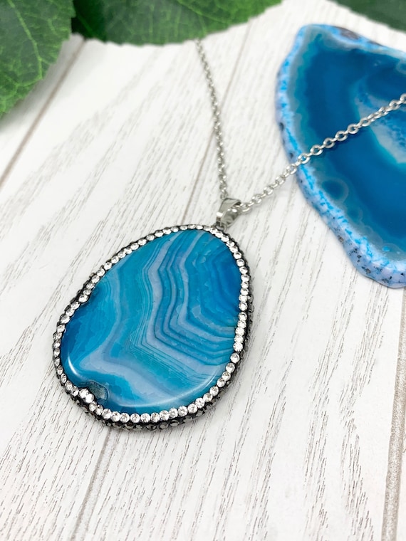 Sparkly Blue Agate Necklace • Gemstone Pendant Necklace • Blue Agate Jewelry