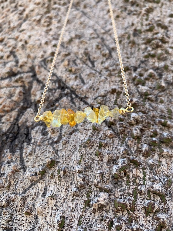 Dainty Gold Citrine Chip Necklace - Minimalist Yellow Crystal