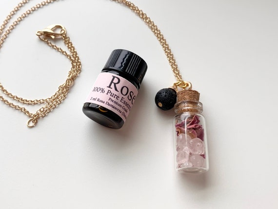 Rose Quartz and Rose Petal Bottle Necklace • Essential Oil Diffuser Aromatherapy Pendant Jewelry • Crystal Healing Necklace