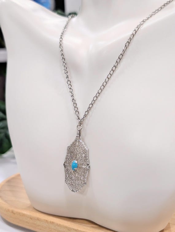 Vintage Silver Filigree Pendant Necklace - Ornate Turquoise Cabochon Boho Jewelry