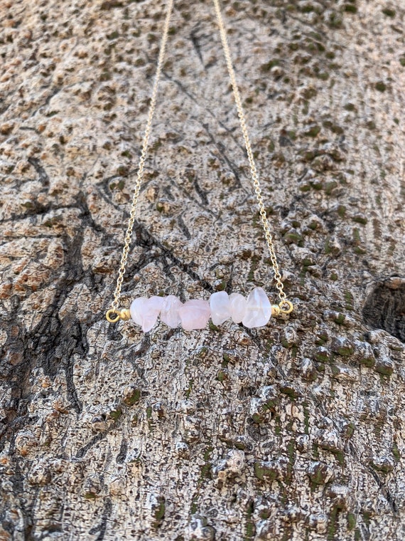 Dainty Gold Rose Quartz Chip Necklace - Minimalist Love Crystal 18in