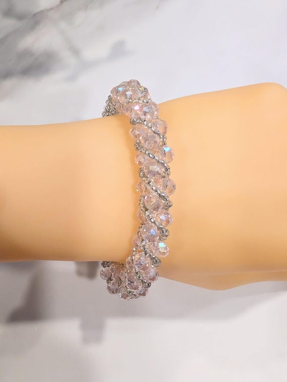 Iridescent Pink & Silver Russian Spiral Bracelet — Magnetic Crystal Seed Bead Jewelry