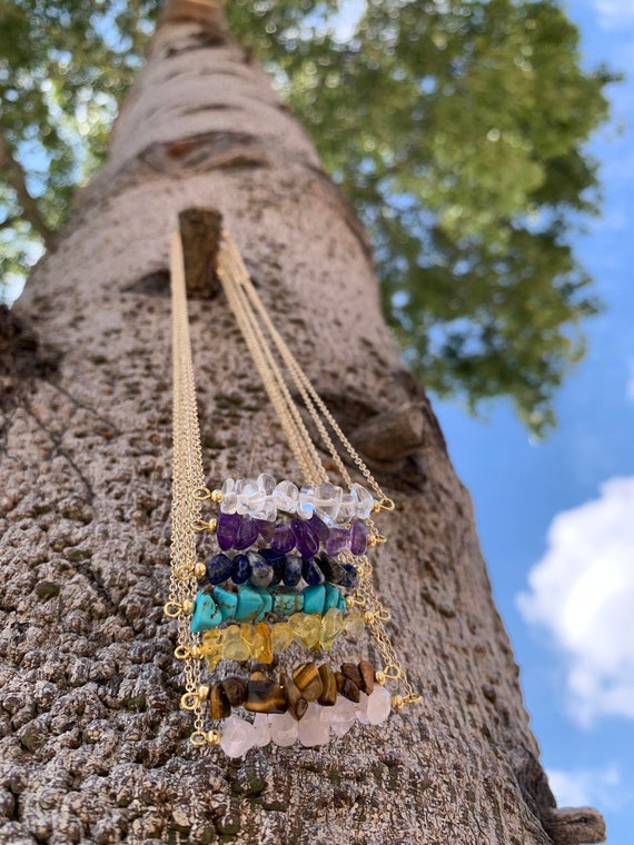 Dainty Gold 7 Chakra Gemstone Chip Necklace - Minimalist Custom Birthstone 18in