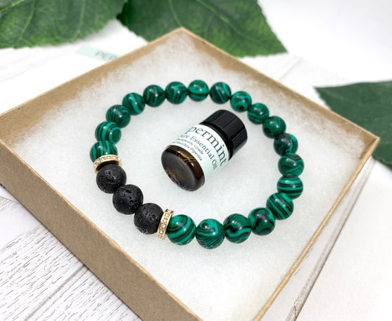 Green Malachite Oil Diffuser Bracelet, Lava Stone Diffuser, Aromatherapy Jewelry (8mm)