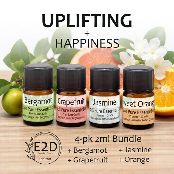 Uplifting + Happiness Essential Oil Bundle – Set of 4 2ml Bottles for Aromatherapy or Diffuser
