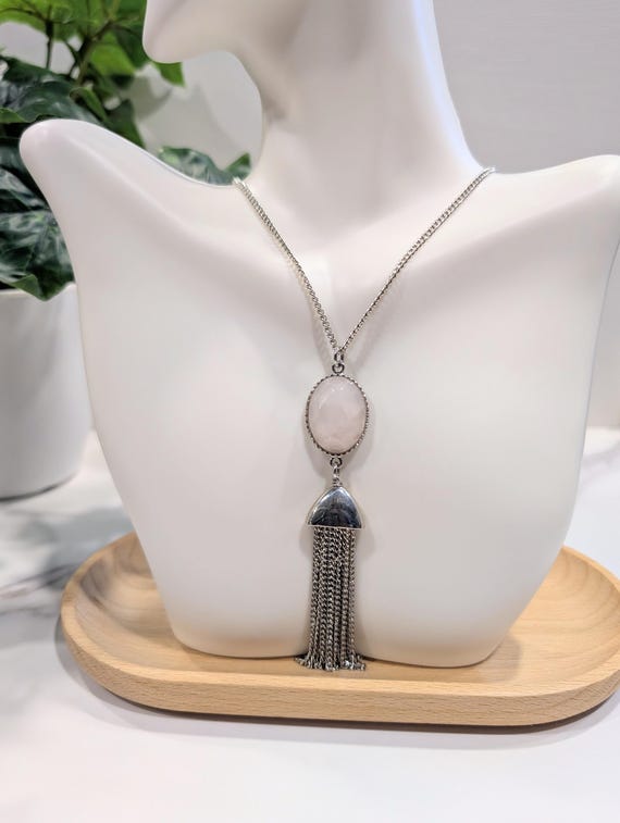 Pink Rose Quartz Necklace with Silver Chain Tassel • Rose Quartz Pendant Necklace • Necklace for Love, Compassion and Beauty