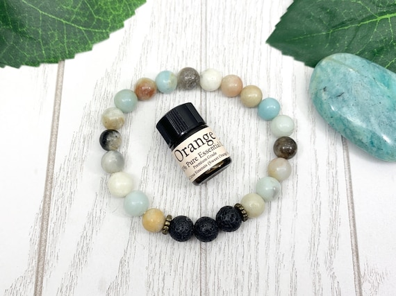Blue Flower Amazonite Oil Diffuser Bracelet, Lava Stone Diffuser, Aromatherapy Jewelry (8mm)