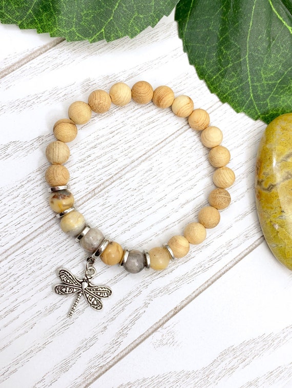 Yellow Crazy Lace Agate Dragonfly Bracelet • Uplifting Grief and Loss Bracelet • Miscarriage Bracelet for Optimism and Joy • Agate Jewelry