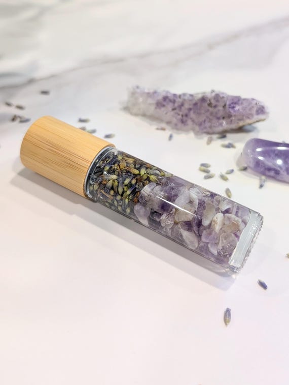 Lavender Essential Oil Roller Infused with Amethyst and Lavender Petals • Aromatherapy Roller • Lavender Body Oil • Anxiety Relief