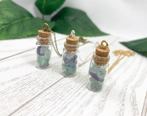 Fluorite Bottle Necklace • Dainty Fluorite Pendant Necklace • Minimalist Crystal Boho Jewelry • Necklace for Focus and Clarity