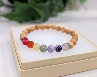 Handmade Rainbow Agate Beaded Bracelet with Hematite or Sandalwood, or Howlite