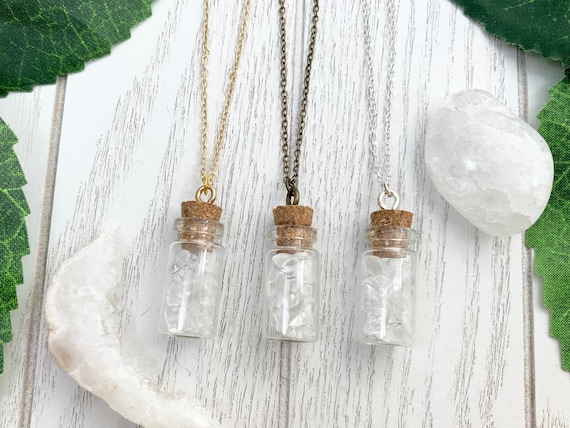 Clear Crystal Quartz Bottle Necklace • Dainty Quartz Pendant Necklace • Minimalist Crystal Boho Jewelry • Necklace for Cleansing and Anxiety