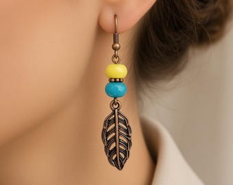 Copper Feather Jade Earrings, Fun Green Teal & Lime Green Yellow Boho Jewelry