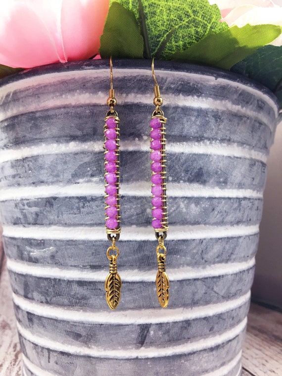 Purple Agate Boho Earrings — Energy, Balance & Feather Drop Jewelry