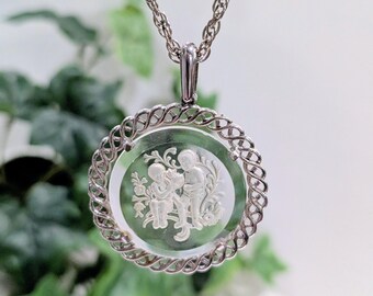 Vintage Trifari Silver Intaglio Pendant Necklace, Celtic Cherub Children & Flowers, Round Glass Heirloom Jewelry